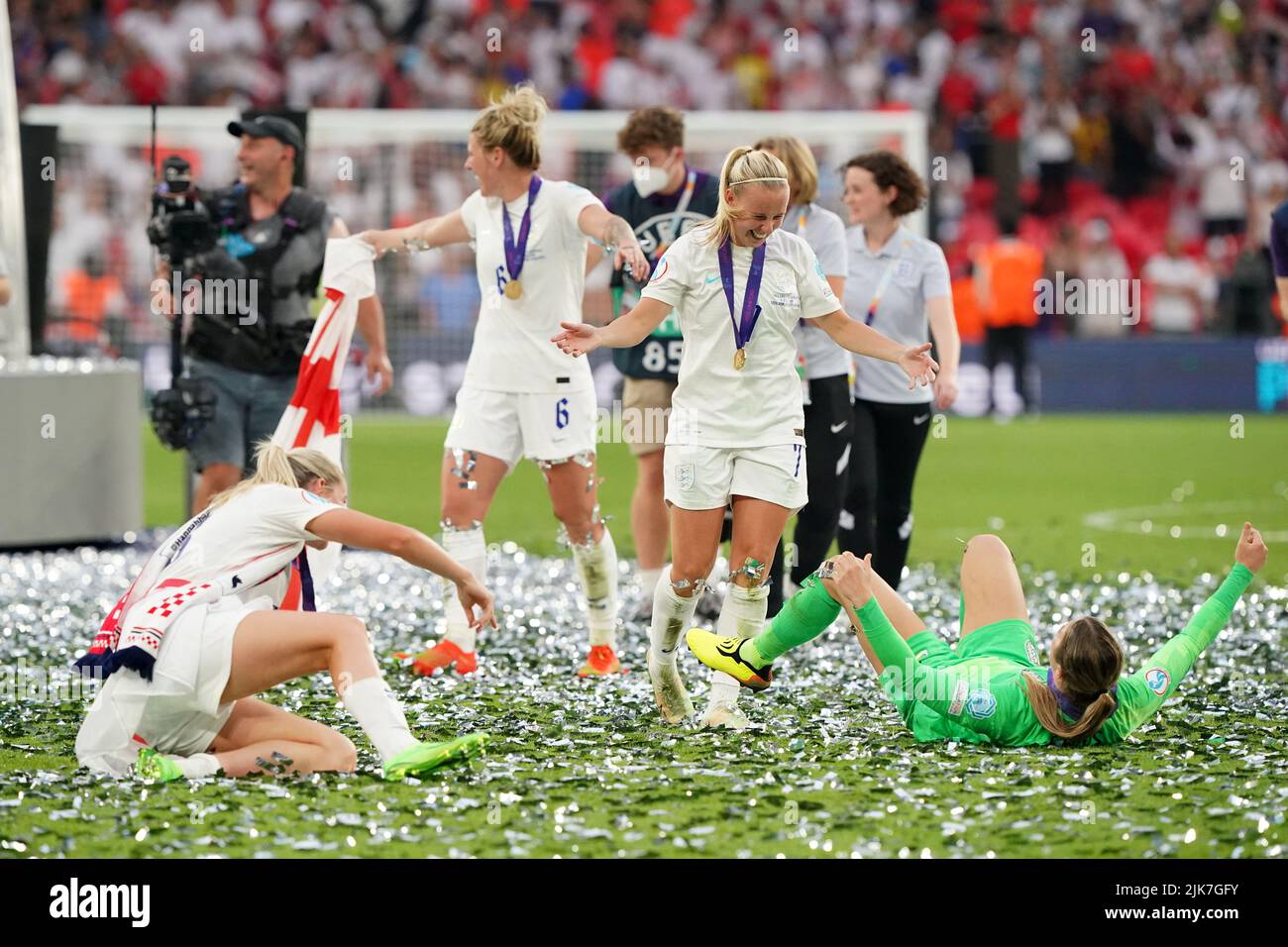 Left to right, England's Alessia Russo, Millie Bright, Beth Mead and Mary Earps celebrate after winning the UEFA Women's Euro 2022 final at Wembley Stadium, London. Picture date: Sunday July 31, 2022. Stock Photo
