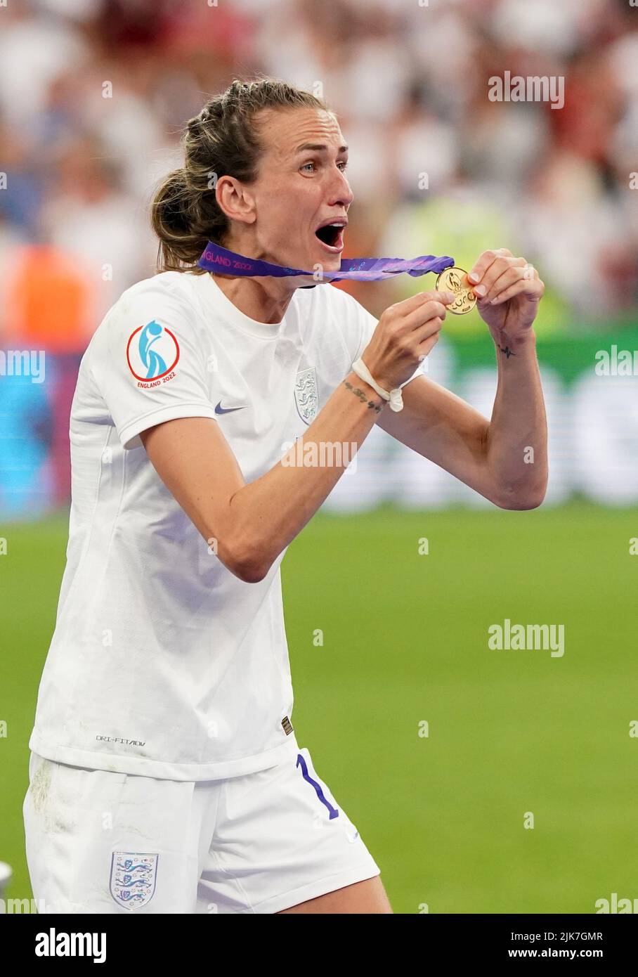 England's Jill Scott celebrates with her medal after England win the UEFA Women's Euro 2022 final at Wembley Stadium, London. Picture date: Sunday July 31, 2022. Stock Photo