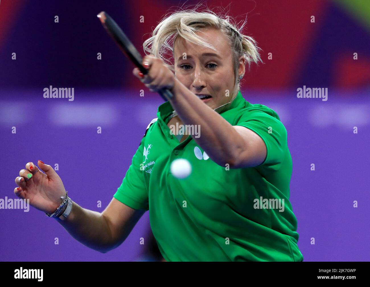 Wales' Charlotte Carey plays a shot against Malaysia's Li Sian Alice Chang  during the Women's Table Tennis Team Semi-Final match between Team Wales  and Team Malaysia at The NEC on day three