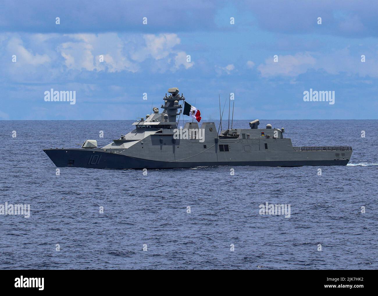 Pacific Ocean, United States. 28 July, 2022. Mexican Navy Sierra-class corvette ARM Benito Juarez sails in formation during training operations at the Rim of the Pacific 2022 exercises, July 28, 2022 off the coast of Hawaii. Credit: MC2 Colby Mothershead/U.S. Navy/Alamy Live News Stock Photo