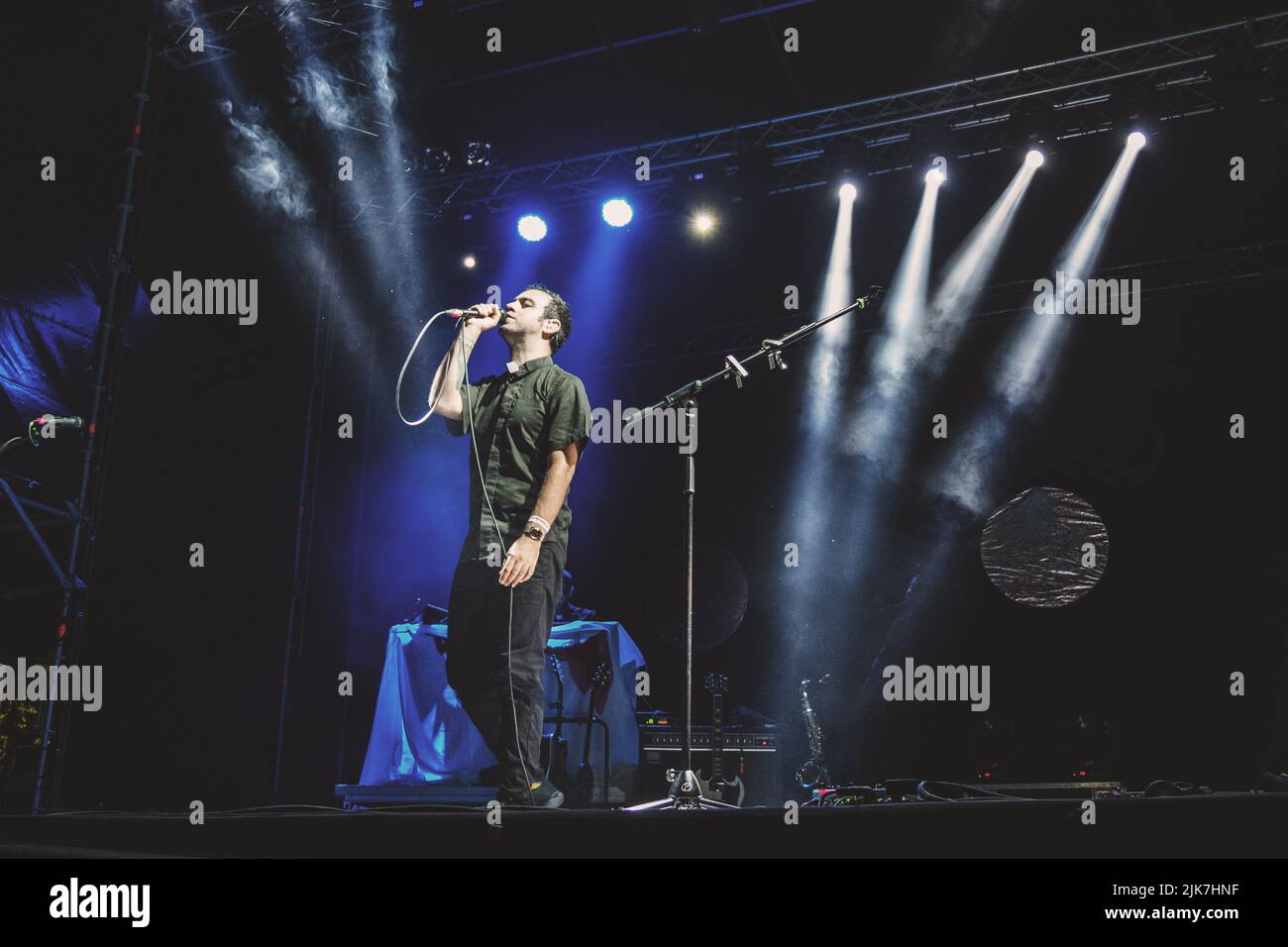 Colapesce (Lorenzo Urciullo) performs on stage with his band at Villa Ada in Rome. Stock Photo