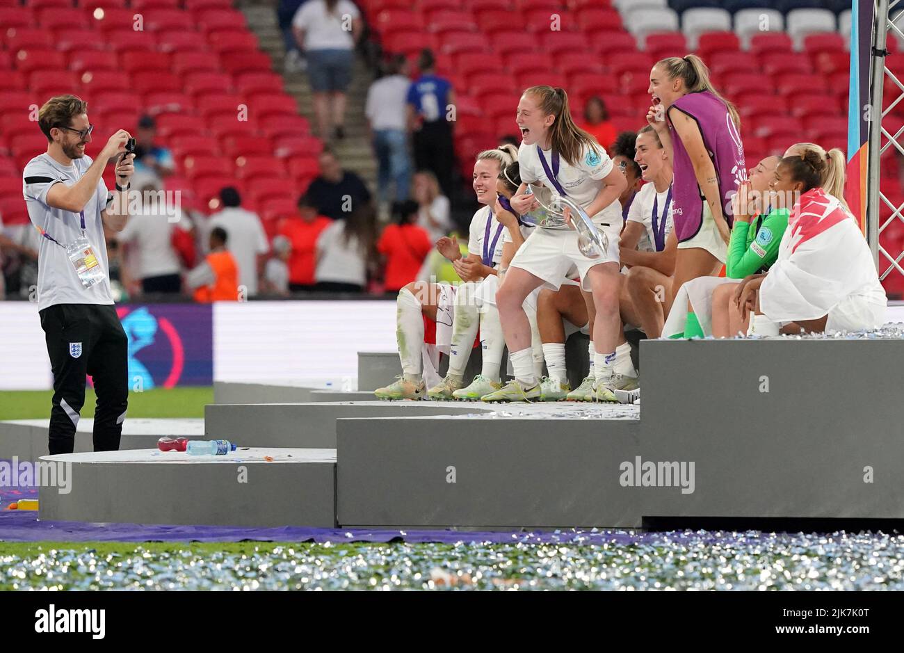 England's Keira Walsh has her photo taken as she celebrates with the trophy after England win the UEFA Women's Euro 2022 final at Wembley Stadium, London. Picture date: Sunday July 31, 2022. Stock Photo
