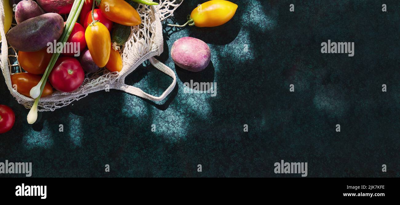 Fresh vegetables - yellow tomatoes, eggplant, onion, beetroot in eco shopping bag under trendy hard shadows with reflection background. Ecological concern. Copy space. Extra wide banner. Stock Photo