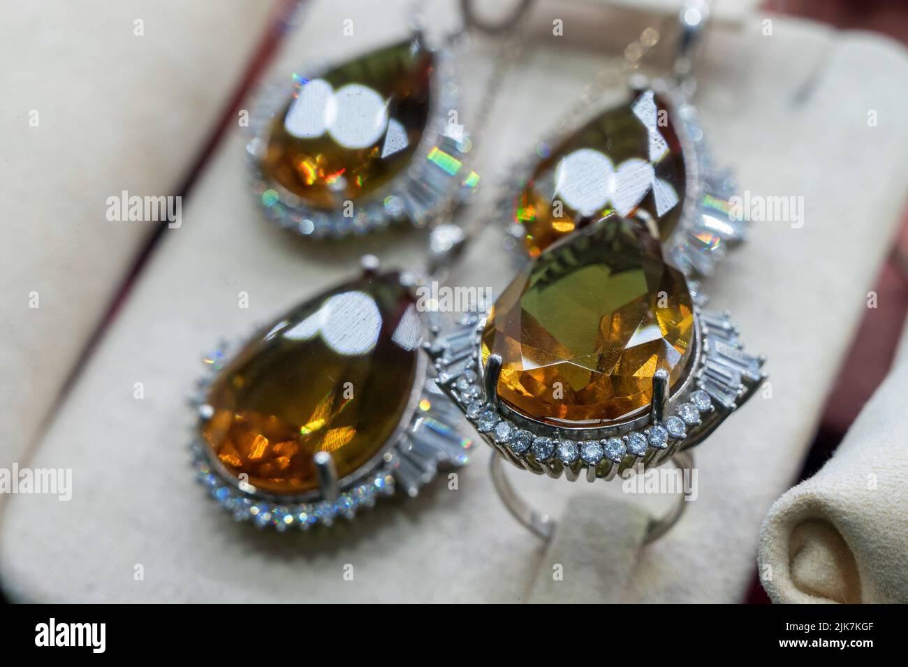 Close up view of women's silver jewelry with natural stone sultanite on The Grand Bazaar at Istanbul Stock Photo
