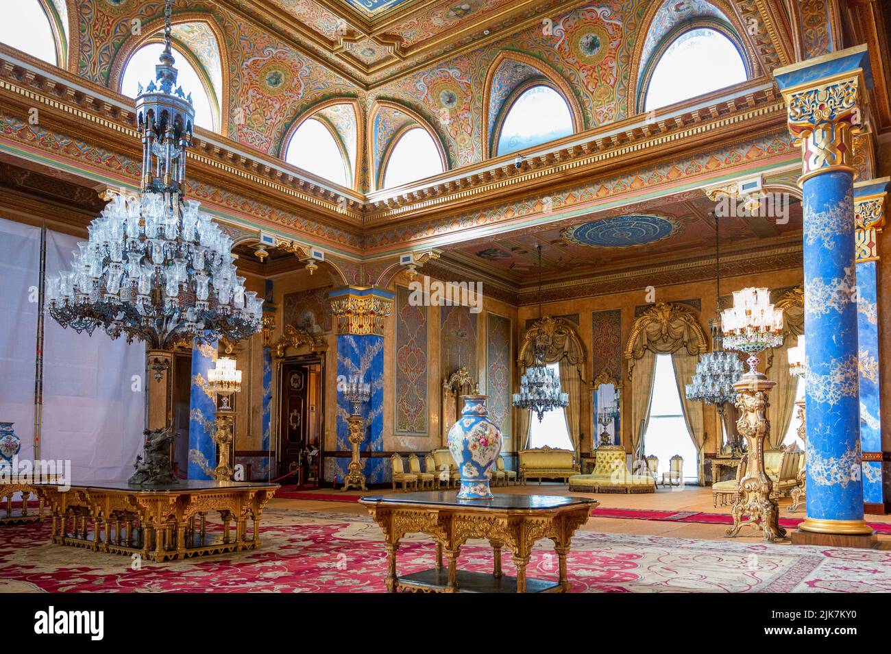 Interior of Beylerbeyi Palace. The view of The Blue Hall the design of which stylistically refers to the German Baroque Stock Photo