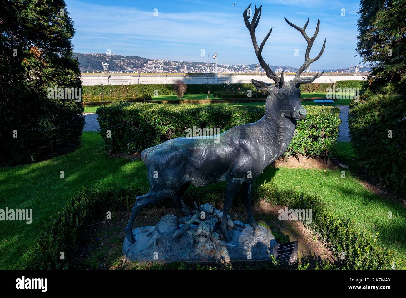 Deer Sculpture in the garden of Beylerbeyi Palace, Istanul, Turkey Stock Photo