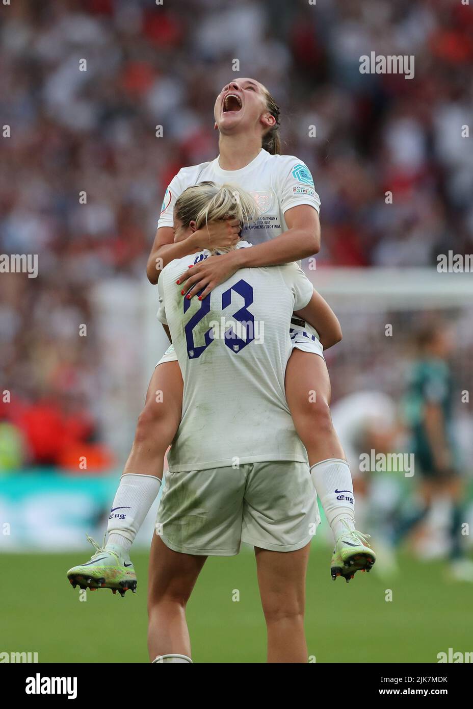 London, UK. 31st July, 2022. 31st July 2022; Wembley Stadium, London, England: Womens European International final, England versus Germany: Ella Toone of England celebrates with Alessia Russo of England after full time as England are UEFA European Women's Football Champions Credit: Action Plus Sports Images/Alamy Live News Credit: Action Plus Sports Images/Alamy Live News Stock Photo