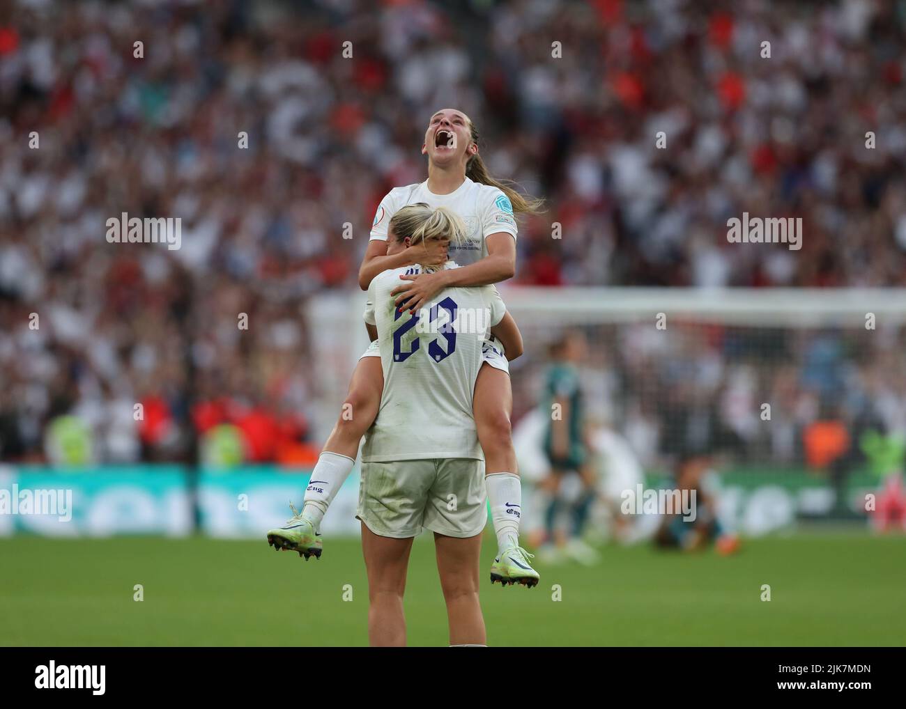 London, UK. 31st July, 2022. 31st July 2022; Wembley Stadium, London, England: Womens European International final, England versus Germany: Ella Toone of England celebrates with Alessia Russo of England after full time as England are UEFA European Women's Football Champions Credit: Action Plus Sports Images/Alamy Live News Credit: Action Plus Sports Images/Alamy Live News Stock Photo