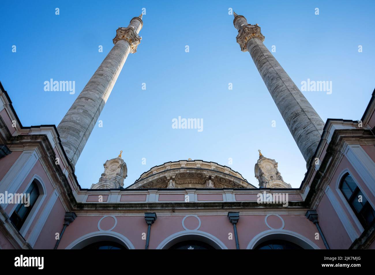 Close view of two minarets of Ortakoy Mosque in Istanbul, Turkey Stock Photo