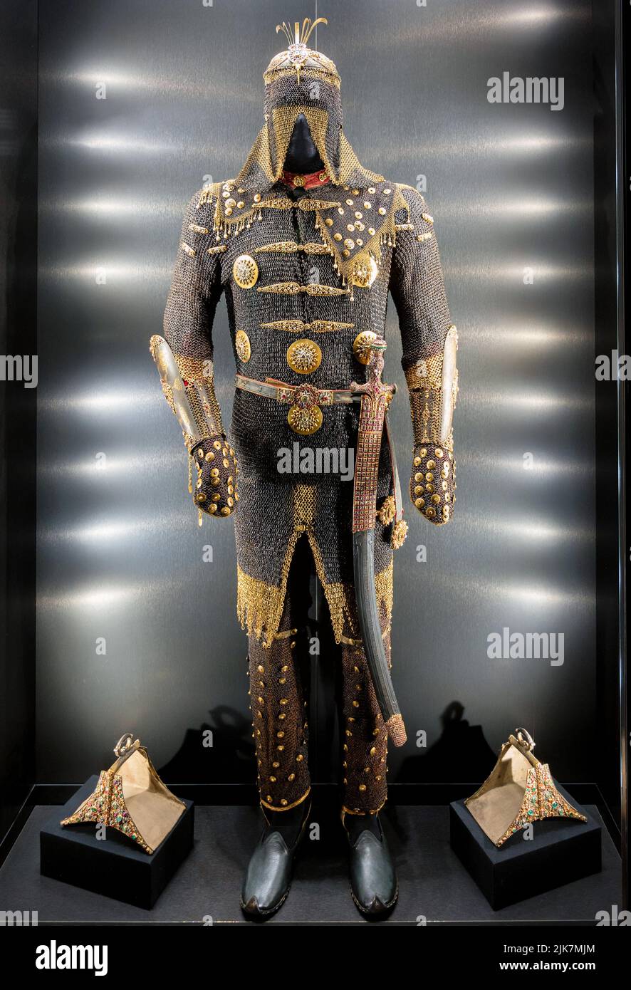 Istanbul, Turkey - 2022: Ceremonial Ancient Turkish metal and leather armor of Mustafa III in Topkapi Stock Photo