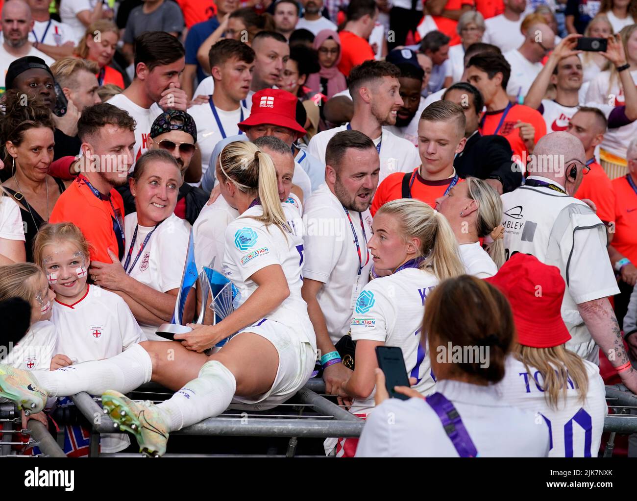 England's Beth Mead celebrates with friends and family in the stands following the UEFA Women's Euro 2022 final at Wembley Stadium, London. Picture date: Sunday July 31, 2022. Stock Photo