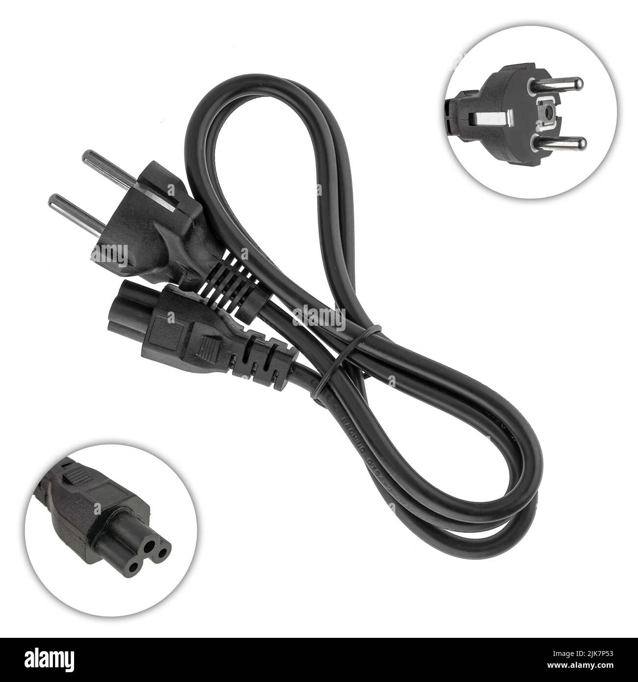 power cord with plug and plug, three pins, for a laptop adapter, on a ...