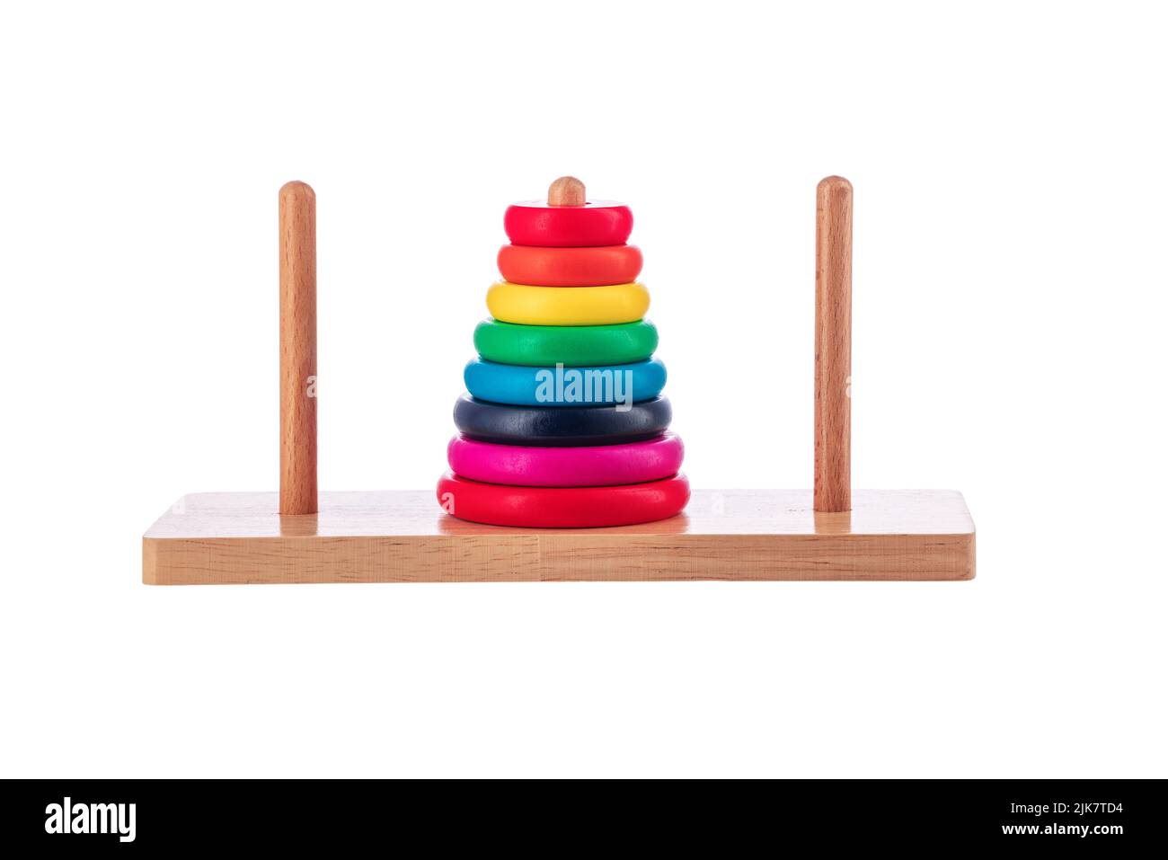 Wooden puzzle tower of hanoi with color rings isolated on white background. Toy for kids. Stock Photo