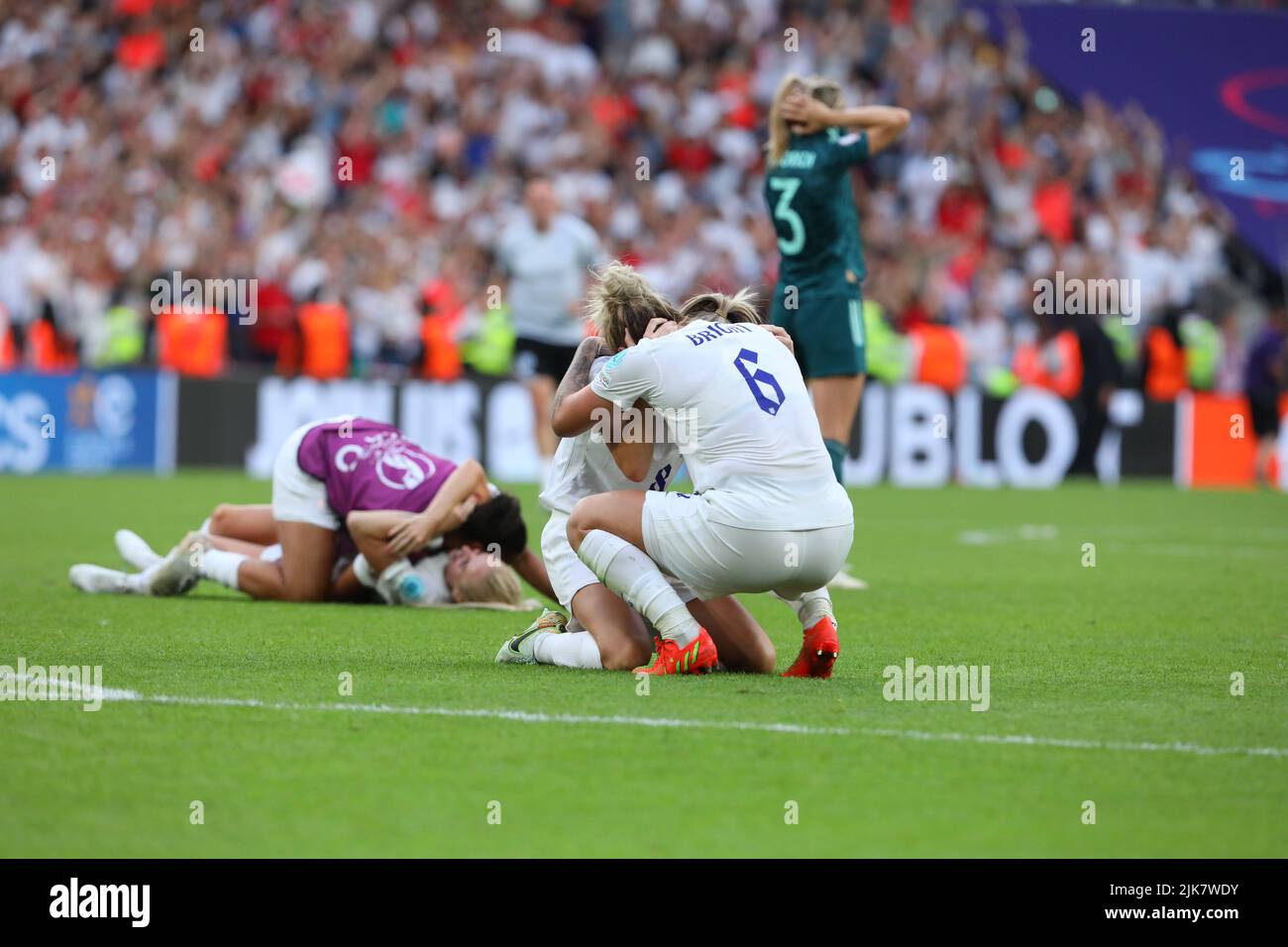 London, UK. 31st July, 2022. 31st July 2022; Wembley Stadium, London, England: Womens European International final, England versus Germany: Leah Williamson of England and Millie Bright of England celebrate winning the UEFA Women's Euro 2022 Credit: Action Plus Sports Images/Alamy Live News Stock Photo