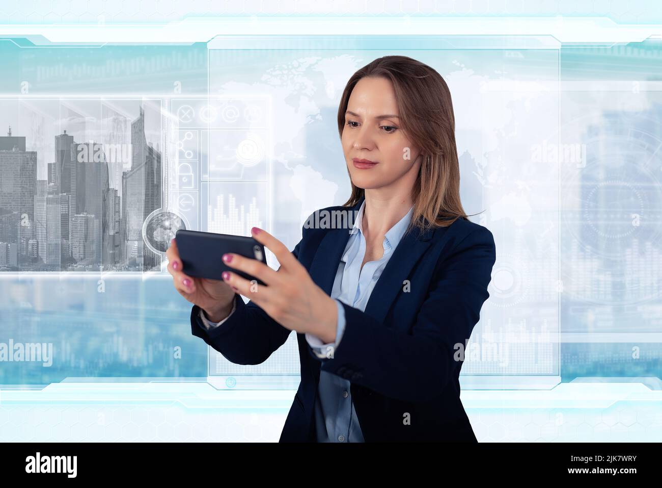 Future technology with holographic interface. Futuristic business woman on scientific background. Global business concept Stock Photo