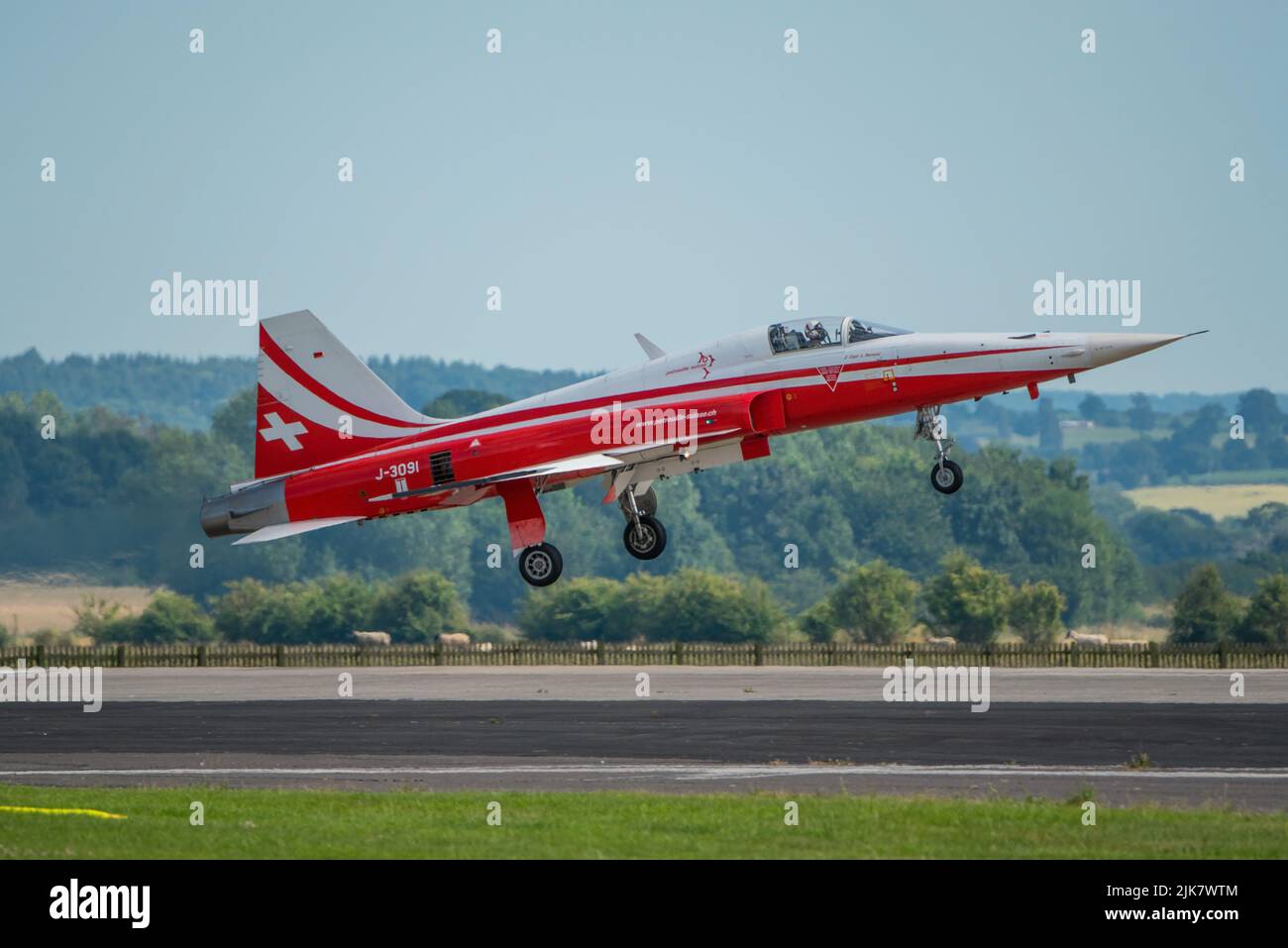 Swiss Air Force Northrop F-5E Tiger II about to land at RNAS Yeovilton, UK on the 8th July 2017. Stock Photo