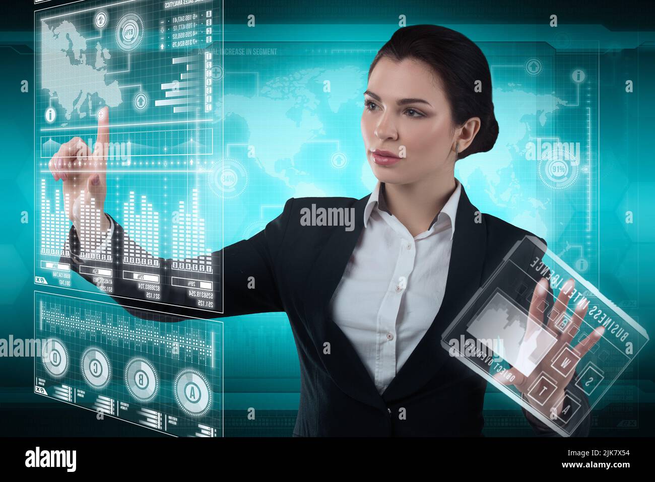 Future technology with holographic interface. Futuristic business woman touching hologram. Scientific research. Blobal business concept Stock Photo