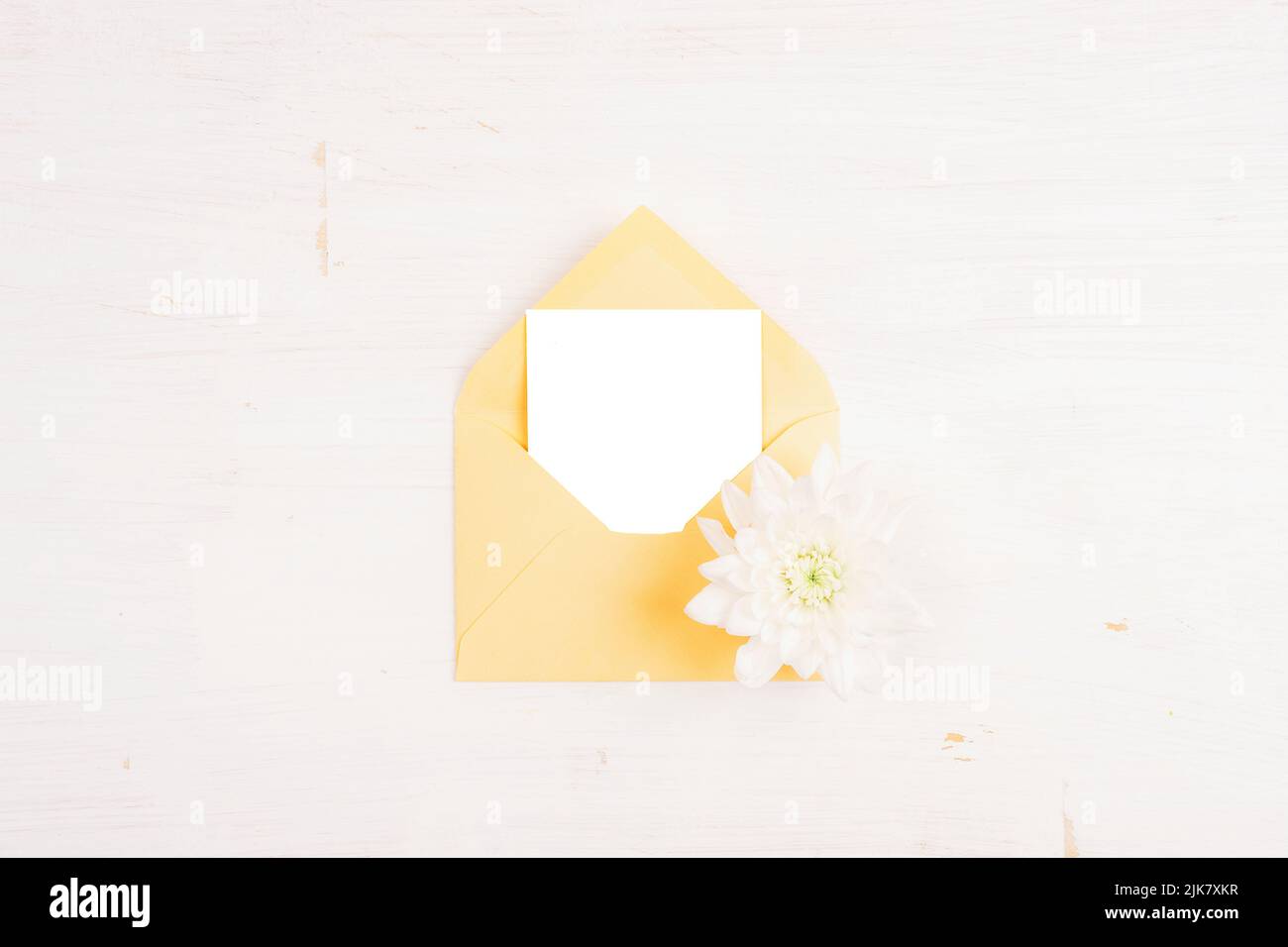 Yellow envelope and blank sheet with white dahlia flower on white ...