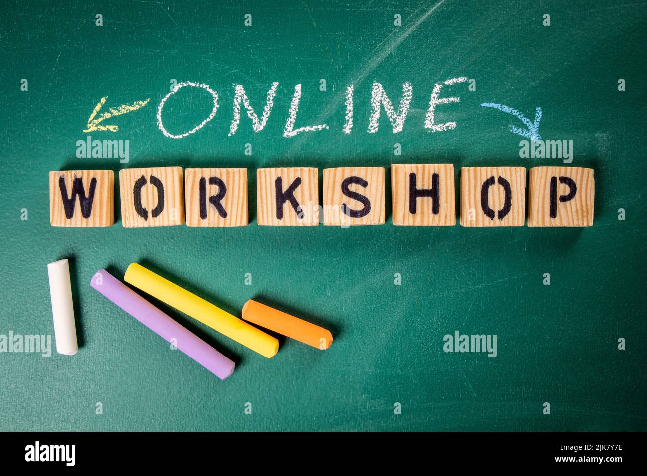 Online Workshop. Text on a green chalk board. Stock Photo