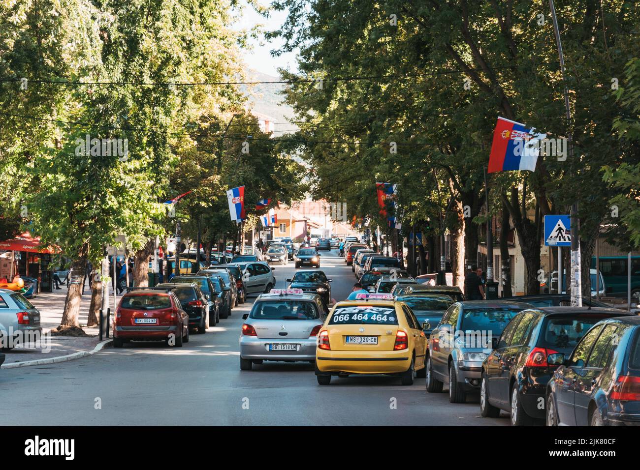 Serbian flags fly in the streets of North Kosovska Mitrovica, a Serbian enclave in the northern city of Mitrovica, Kosovo Stock Photo