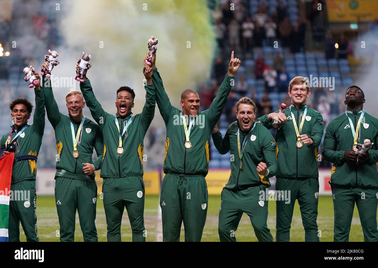South Africa players with their gold medals following the Men's Rugby