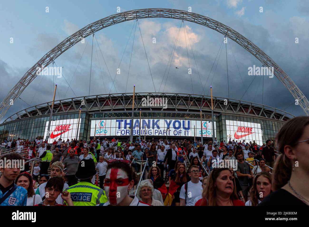 Wembley Stadium, London,UK. 31st July 2022.Atmosphere outside Wembley  Stadium following England's Lionesses history victory over Germany in the  Women's UEFA Euro Final. Nike Logo with 'Home' displayed on Wembley Stadium.  Amanda Rose/Alamy