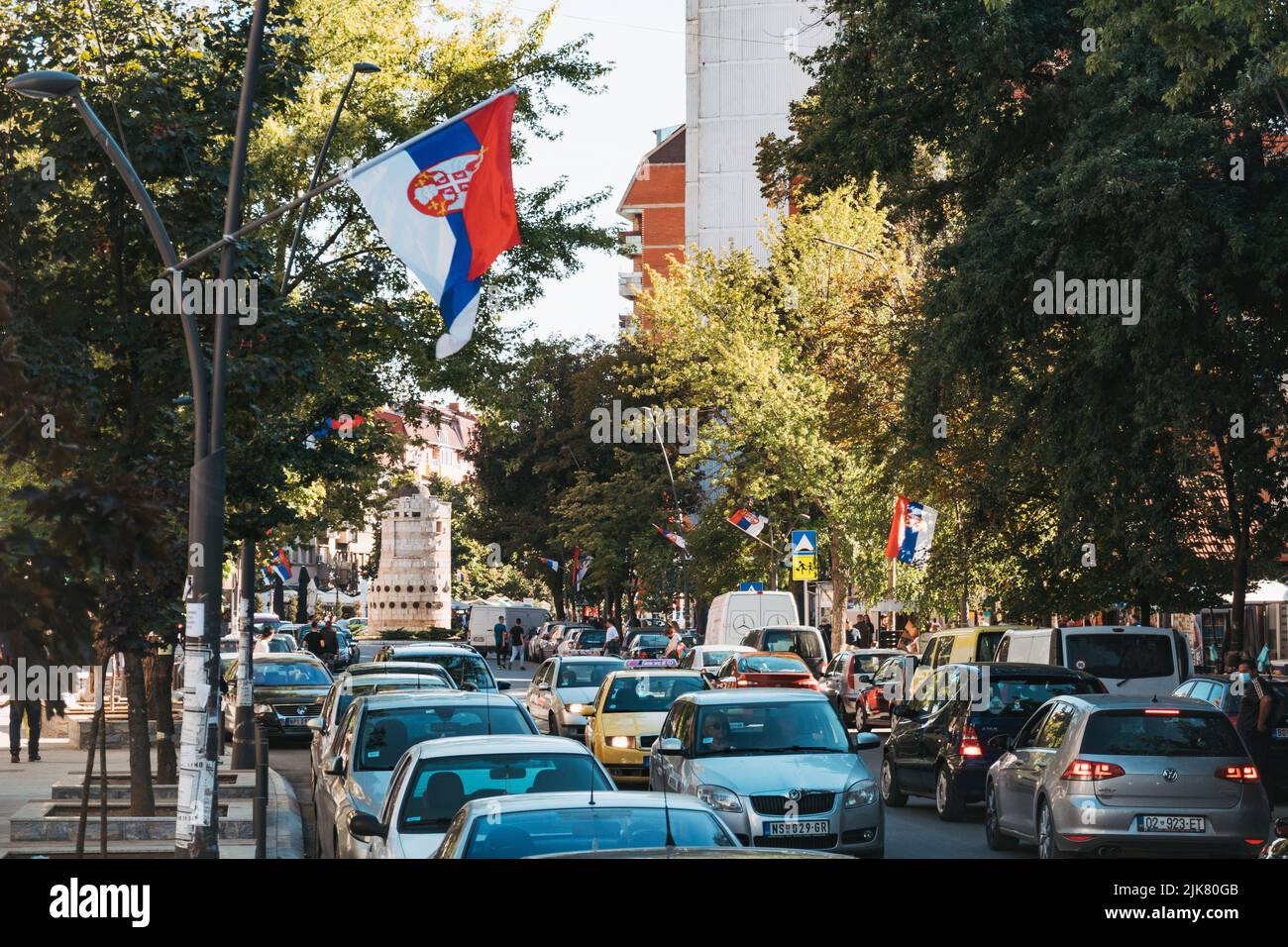 Serbian flags fly in the streets of North Kosovska Mitrovica, a Serbian enclave in the northern city of Mitrovica, Kosovo Stock Photo