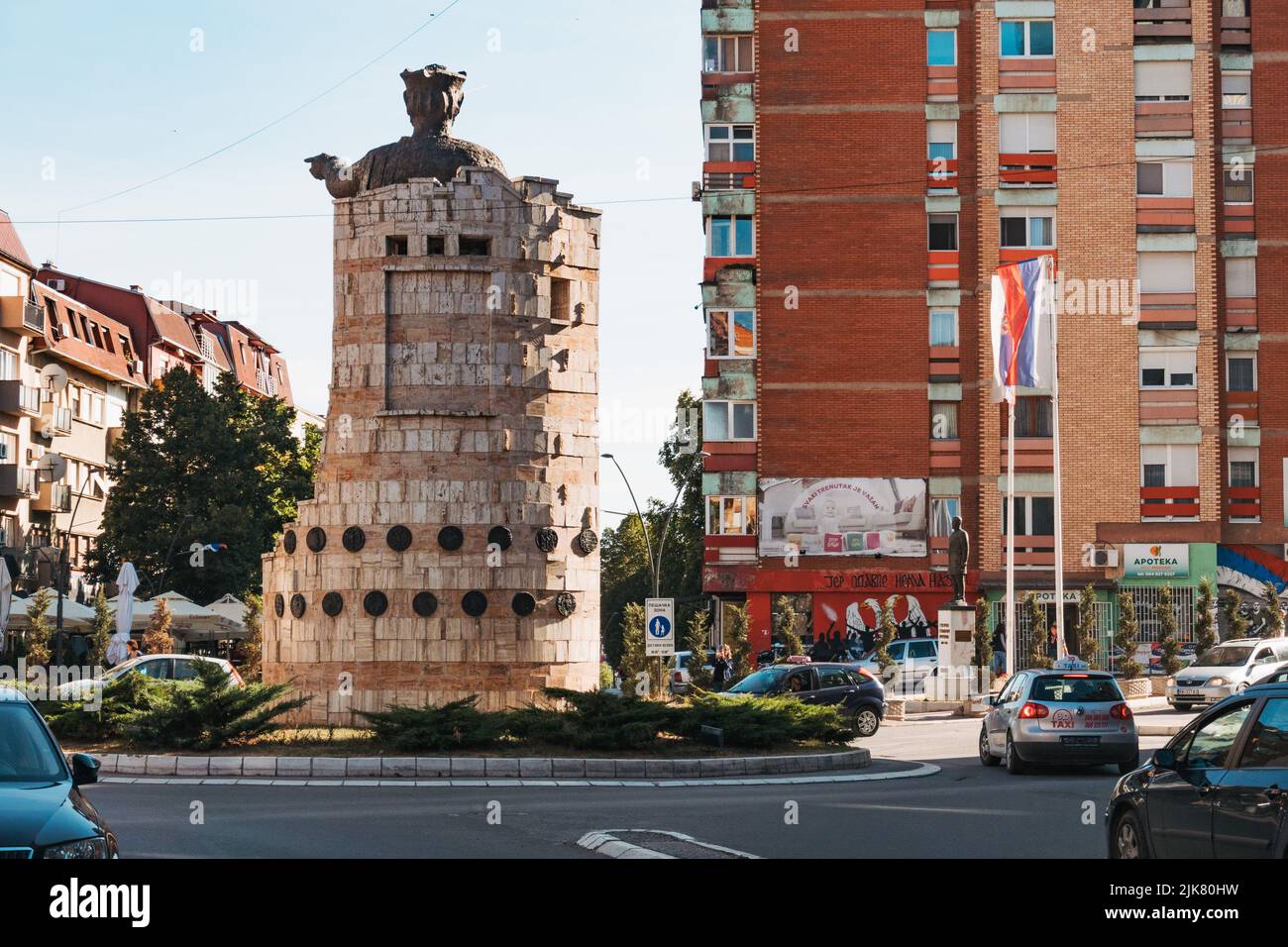 a large statue of Prince Lazar of Serbia in North Kosovska Mitrovica, a Serbian enclave in the city of Mitrovica, Kosovo Stock Photo