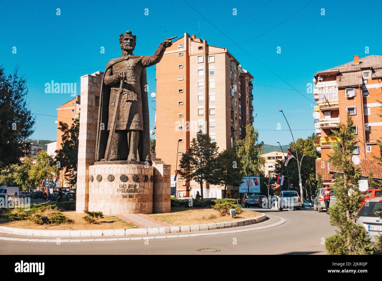 a large statue of Prince Lazar of Serbia on a roundabout in North Kosovska Mitrovica, a Serbian enclave in the city of Mitrovica, Kosovo Stock Photo