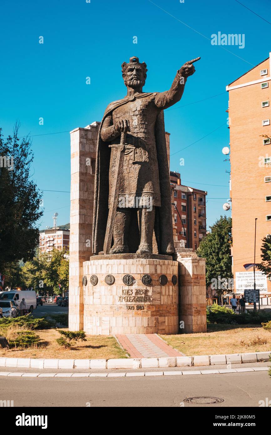 a large statue of Prince Lazar of Serbia on a roundabout in North Kosovska Mitrovica, a Serbian enclave in the city of Mitrovica, Kosovo Stock Photo