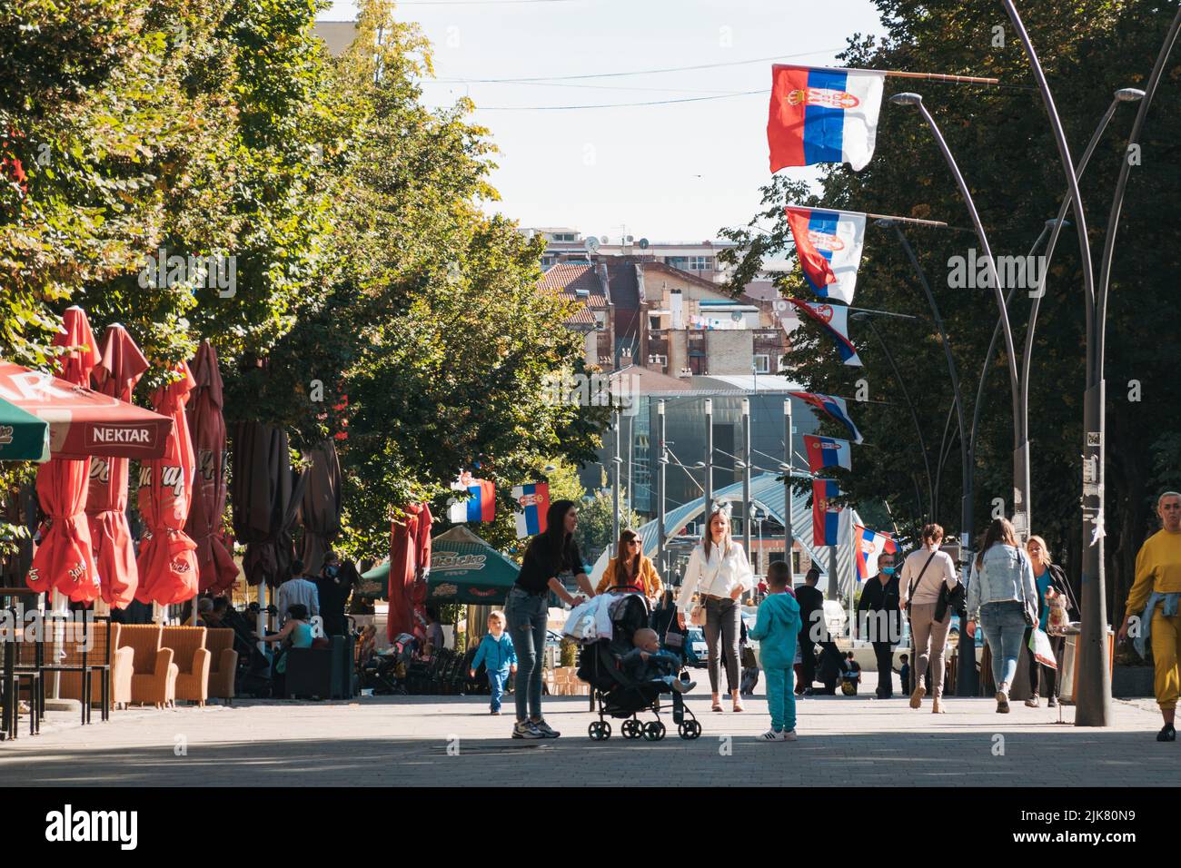 Serbian flags fly in the streets of North Kosovska Mitrovica, a Serbian enclave in the city of Mitrovica, Kosovo Stock Photo