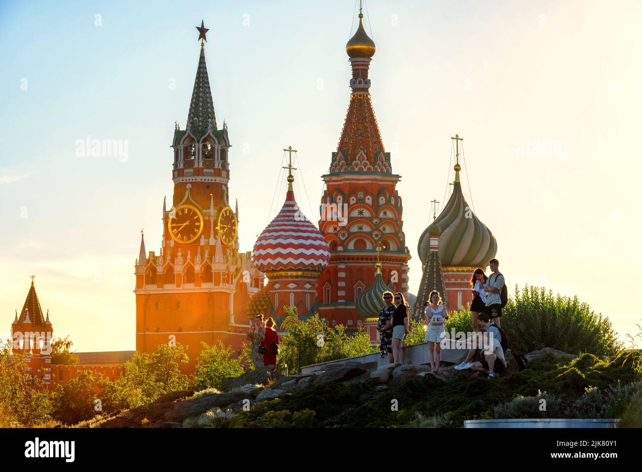 Moscow - Jun 28, 2022: People walk in Zaryadye Park near Kremlin and St Basil's Cathedral, Moscow, Russia. This place is famous tourist attraction of Stock Photo