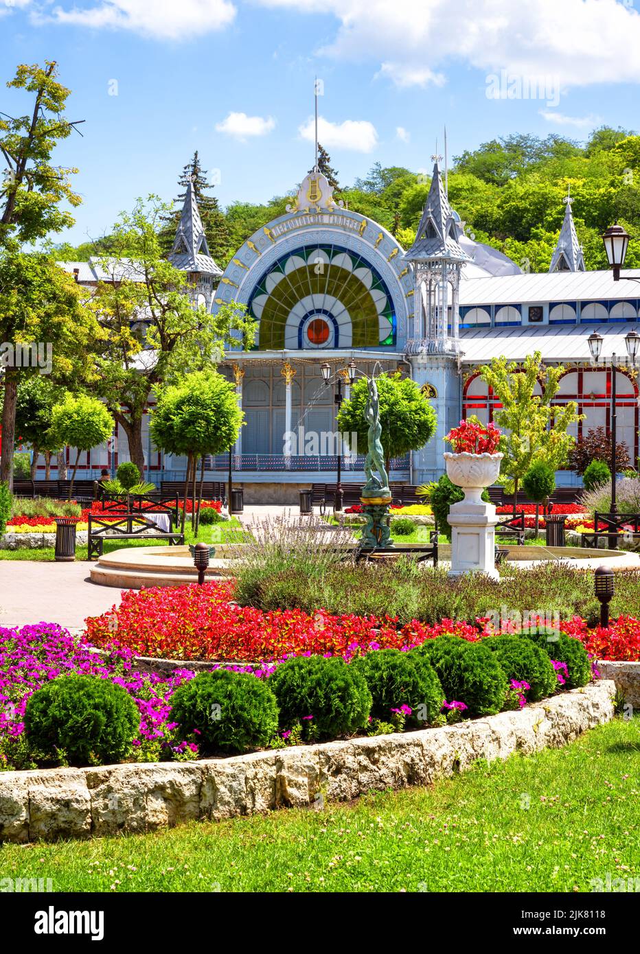 Park Flower Garden in Pyatigorsk, Russia. Beautiful landscape of Pyatigorsk city center in summer. This place is tourist attraction of Pyatigorsk in S Stock Photo