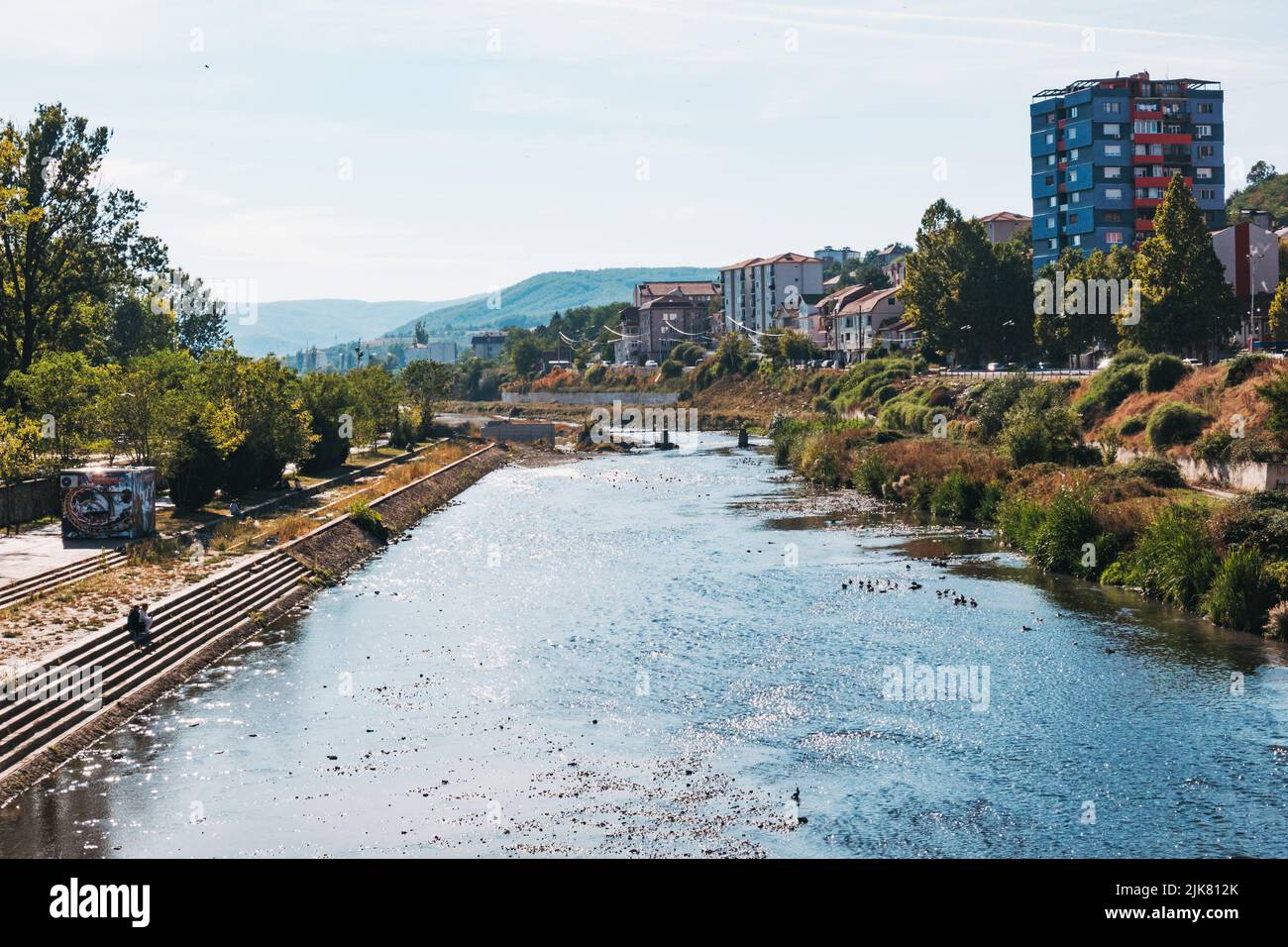 Looking over the Ibar river from the New Bridge in Mitrovica, Kosovo ...