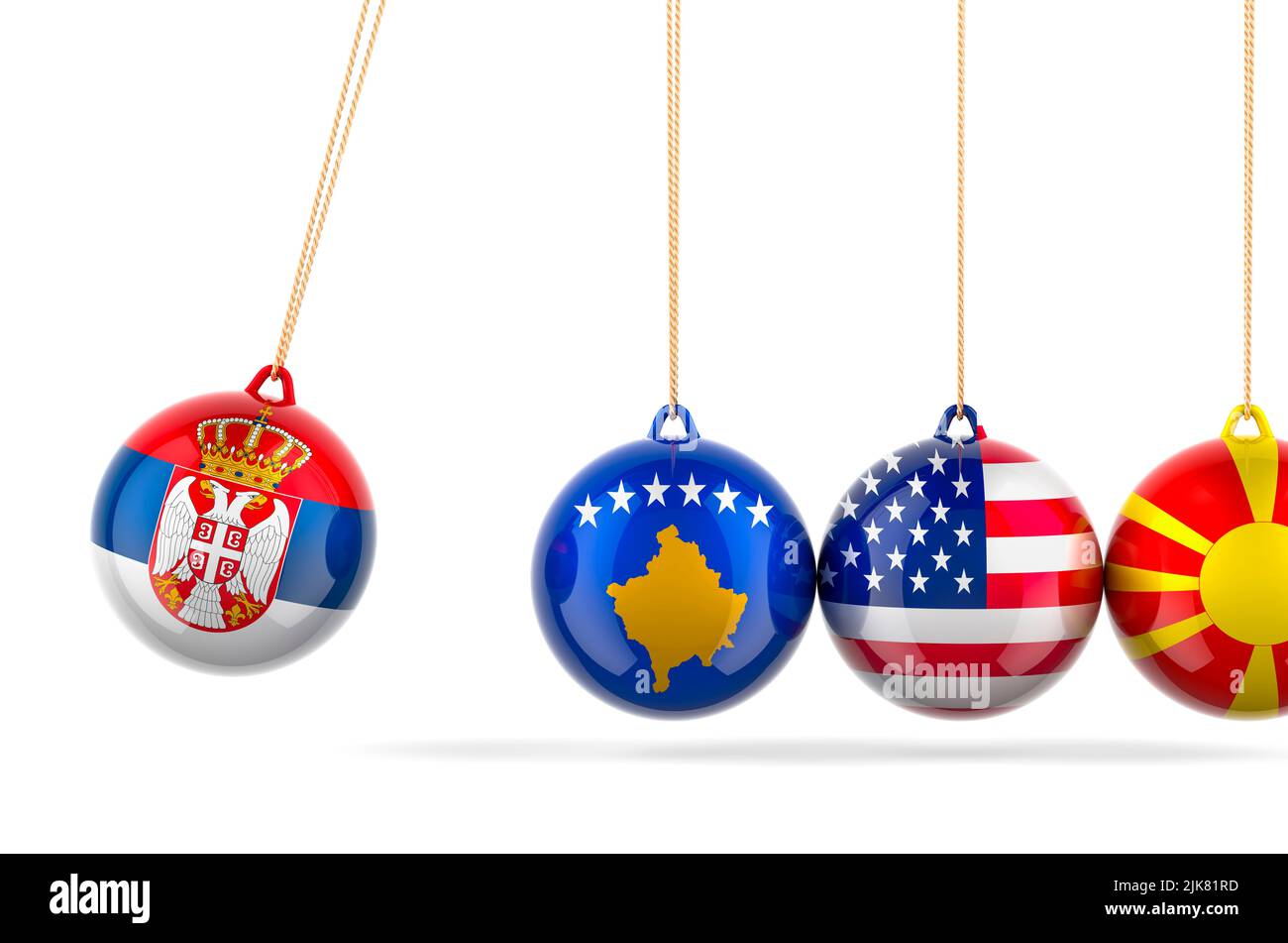 Serbia, Kosovo, USA, Macedonia conflict. Newtons cradle, pendulum. 3D rendering isolated on white background Stock Photo