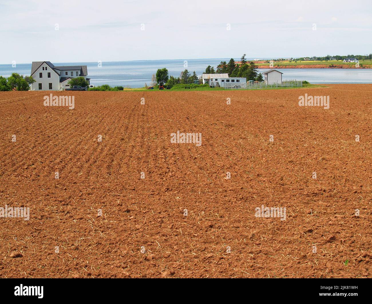 Unplanted red soil field and farmhouse,DeStable,PEI Stock Photo Alamy