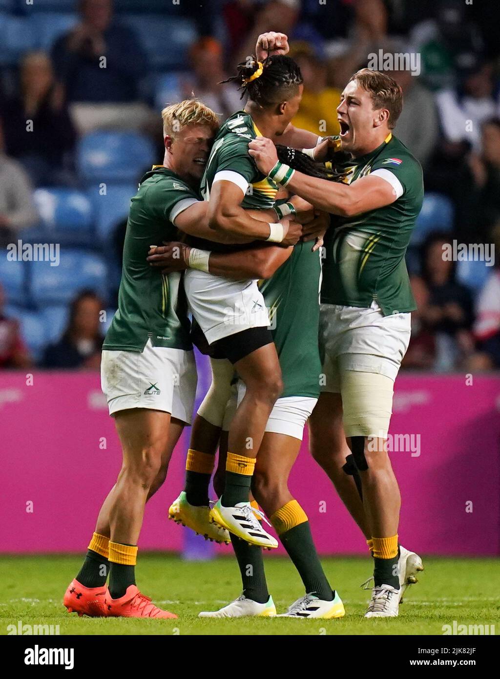 South Africa players celebrate at full time after Fiji vs South Africa in the men's gold medal