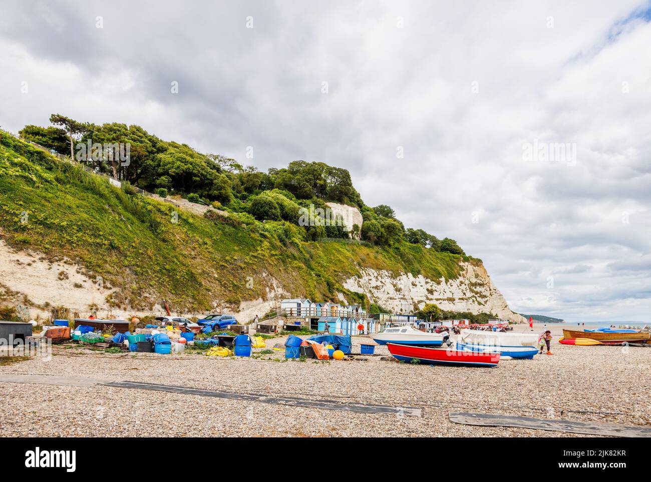 Beach and cliffs at Beer, a picturesque small coastal village on Lyme Bay in the Jurassic Coast of East Dorset, south-west England Stock Photo