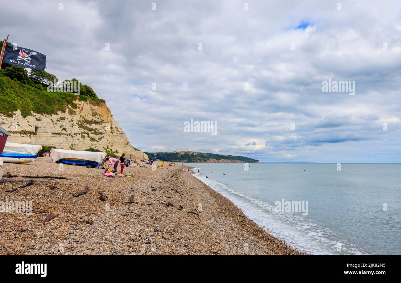 Coastline and cliffs looking east at Beer, a picturesque small coastal village on Lyme Bay in the Jurassic Coast of East Dorset, south-west England Stock Photo