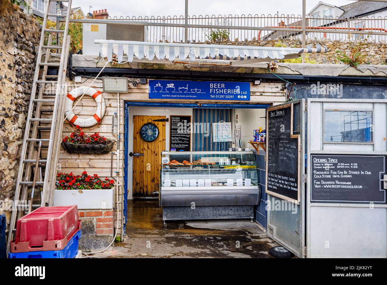Beer Fisheries shop selling fresh fish by the beach in Beer, a small coastal village on Lyme Bay in the Jurassic Coast, East Dorset, southwest England Stock Photo