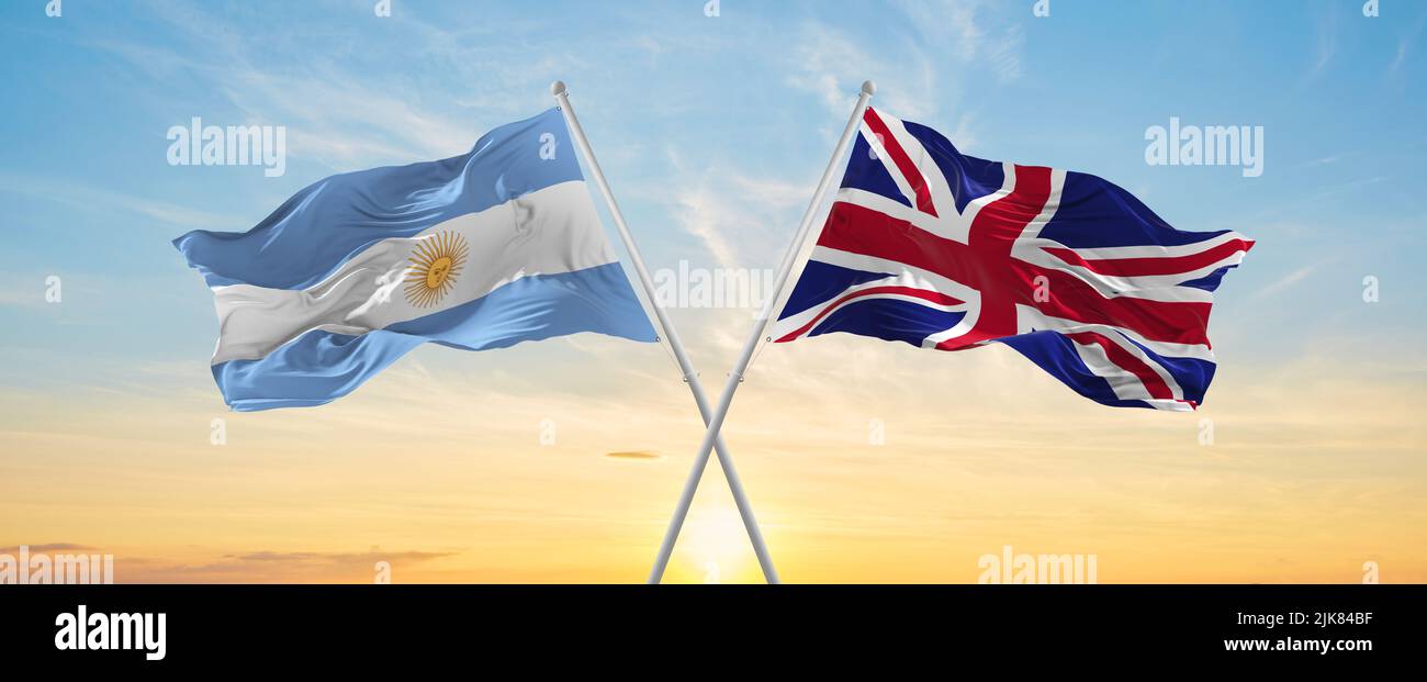 crossed national flags of Argentine and Great Britain flag waving in ...