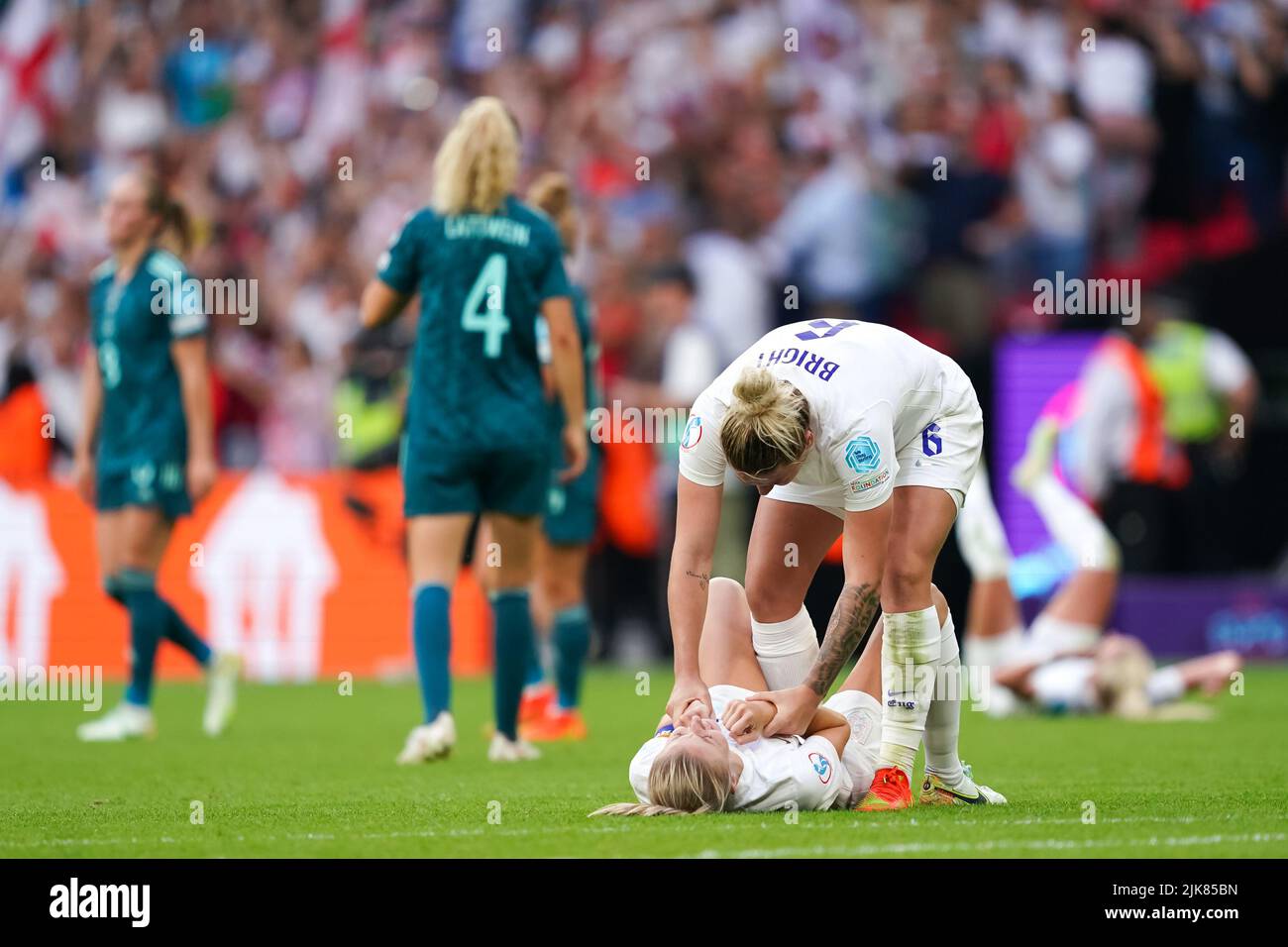 London, UK. 31st July, 2022. London, England, July 31st 2022: Lauren Hemp (11 England) and Millie Bright (6 England celebrate their victory during the UEFA Womens Euro 2022 Final football match England and Germany at Wembley Stadium, England. (Daniela Porcelli/SPP) Credit: SPP Sport Press Photo. /Alamy Live News Stock Photo