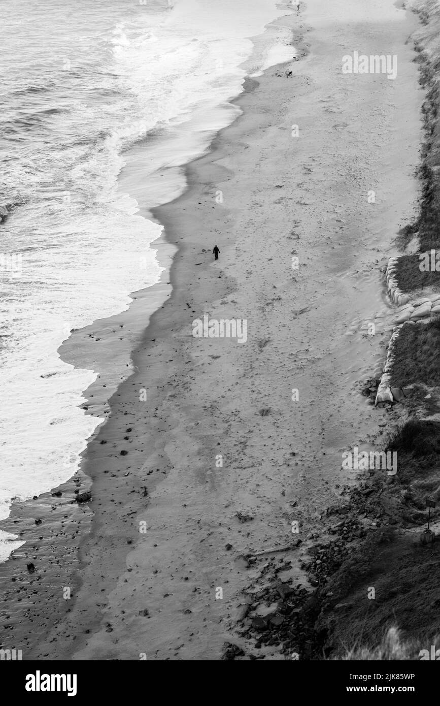 Black and white aerial shot of single person walking along the coastline. Person walking on a sandy beach of Helgoland island, Germany. Concept for Stock Photo