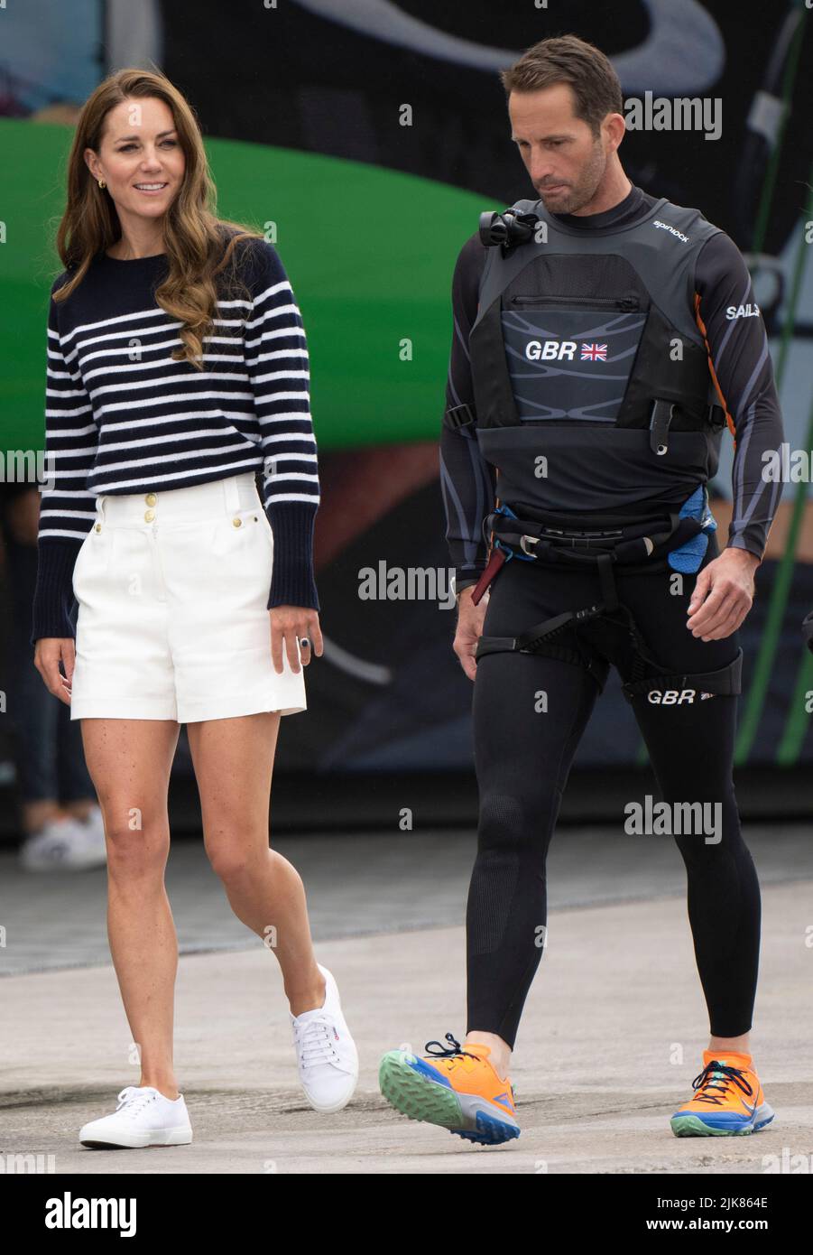 Plymouth, UK. 31 July, 2022.  Catherine, Duchess Of Cambridge chats to Sir Ben Ainslie as she visits the 1851 Trust and the Great Britain SailGP in Plymouth.  During the visit, the Duchess of Cambridge took part in activities educating young people about sustainability.  Credit: Anwar Hussein/Alamy Live News Stock Photo
