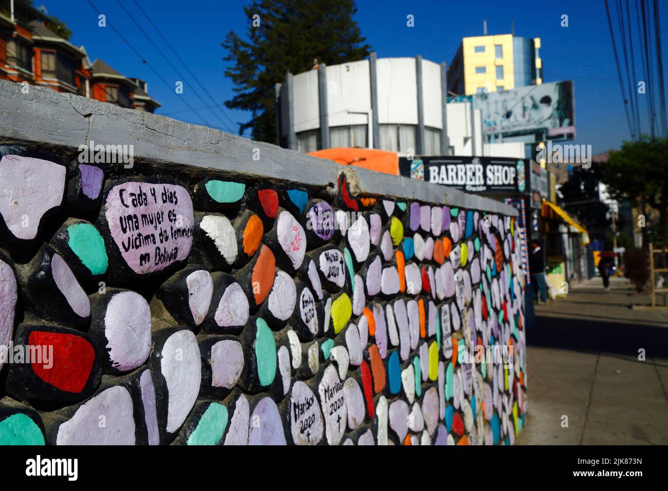 29th June 2022, Calacoto, La Paz, Bolivia. Detail of graffiti murals by feminist groups on a wall in La Paz's Zona Sur district protesting against violence against women, the number of femicides and slowness of the justice system in dealing with cases. Stock Photo