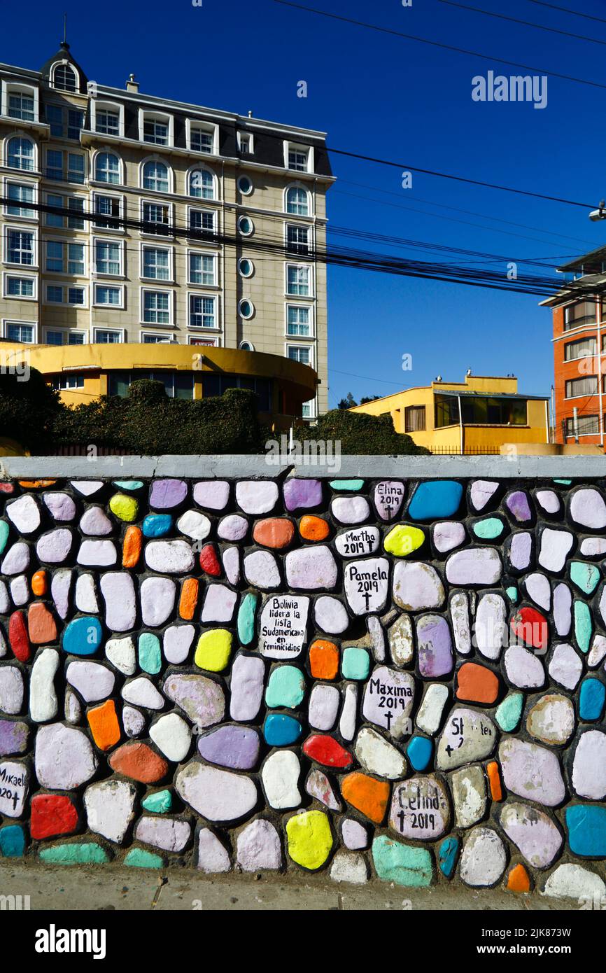 29th June 2022, Calacoto, La Paz, Bolivia. Detail of graffiti murals by feminist groups on a wall in La Paz's Zona Sur district protesting against violence against women, the number of femicides and slowness of the justice system in dealing with cases. Stock Photo