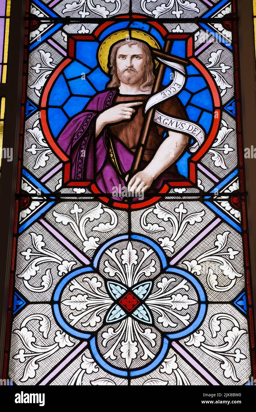 Stained glass window decorated with religious figure, SaintFrancoisde