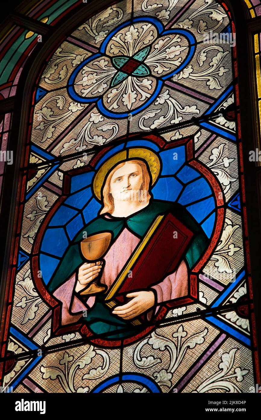 Stained glass window decorated with religious figure, SaintFrancoisde