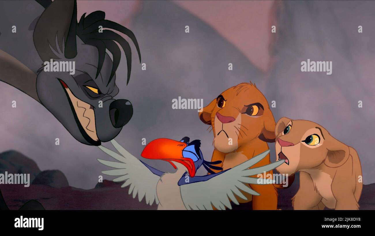 Ed, Zazu, Simba & Nala Film: The Lion King (USA 1994)   Director: Roger Allers & Rob Minkoff 06 May 1994   **WARNING** This Photograph is for editorial use only and is the copyright of WALT DISNEY PICTURES and/or the Photographer assigned by the Film or Production Company and can only be reproduced by publications in conjunction with the promotion of the above Film. A Mandatory Credit To WALT DISNEY PICTURES is required. The Photographer should also be credited when known. No commercial use can be granted without written authority from the Film Company. Stock Photo