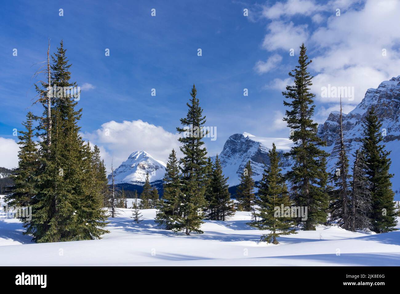 A frozen and snow covered bow Lake and mountains, Banff National Park, Alberta, Canada. Stock Photo